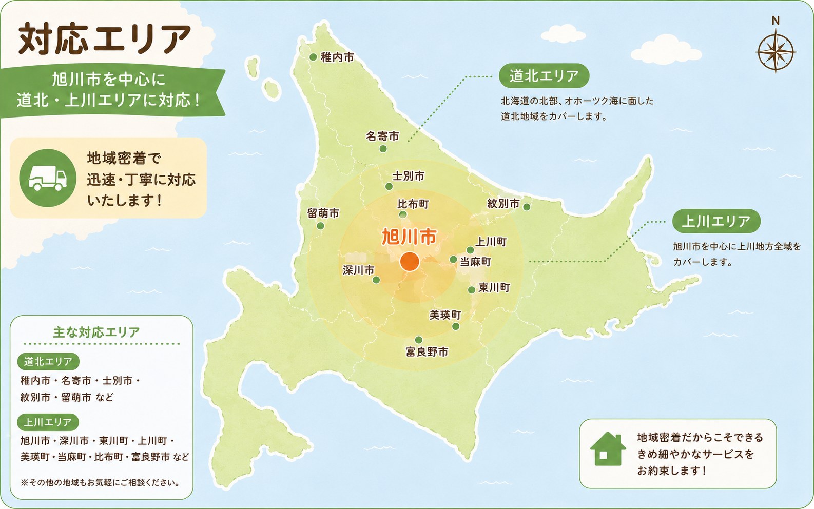 旭川市を中心とした道北・上川地方の出張買取 対応エリアマップ