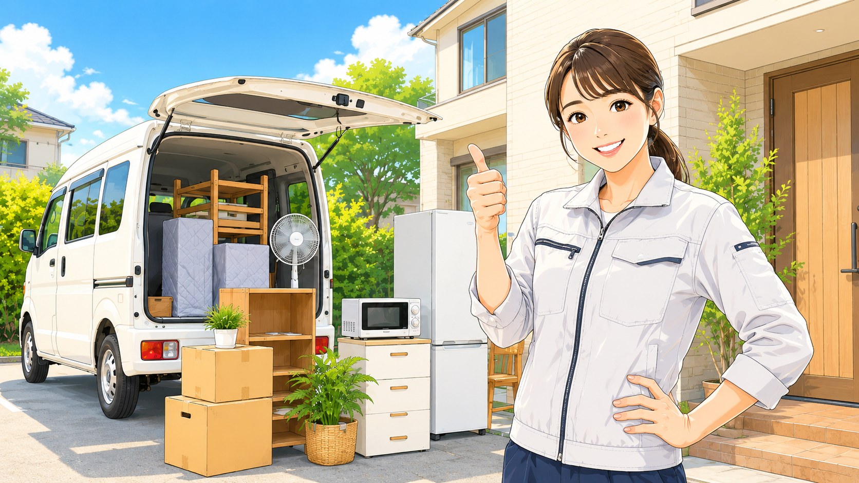 旭川で出張買取を行うeveryお任せ.comのスタッフと、買い取った家電・家具を積み込んだ軽トラック